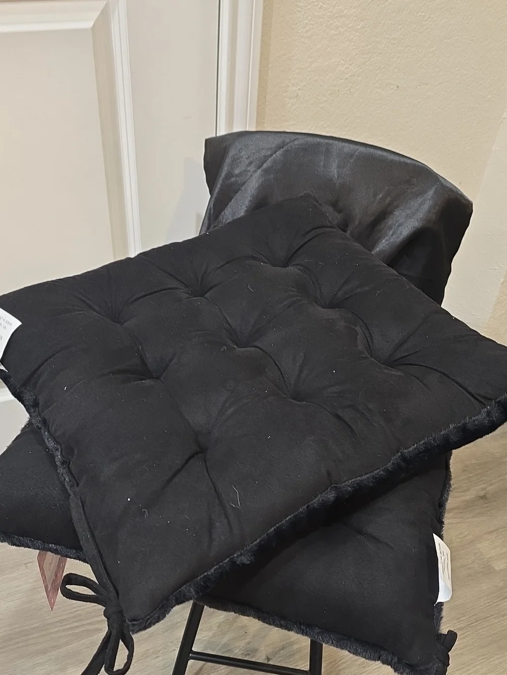 At Home Plush Faux Fur Reversible Tie Seat Cushions- Black